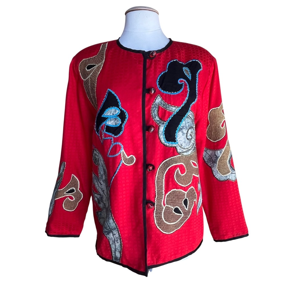 Vtg Julia Kim Red Applique Jacket Size Medium Art to Wear Statement Boho Funky
